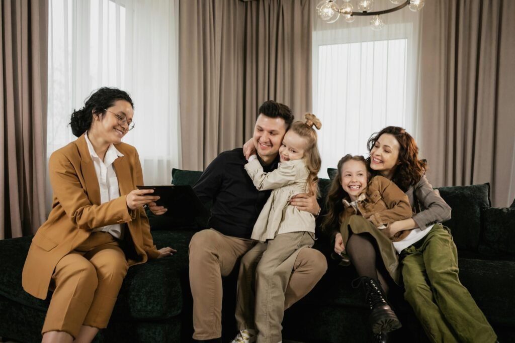 Cheerful family relaxing together in a dry, comfortable living room