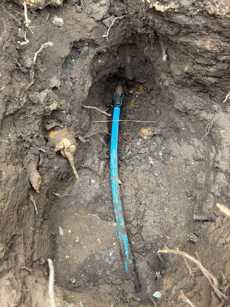 Excavated hole exposing a blue water supply pipe and fitting at the point of an underground water line leak